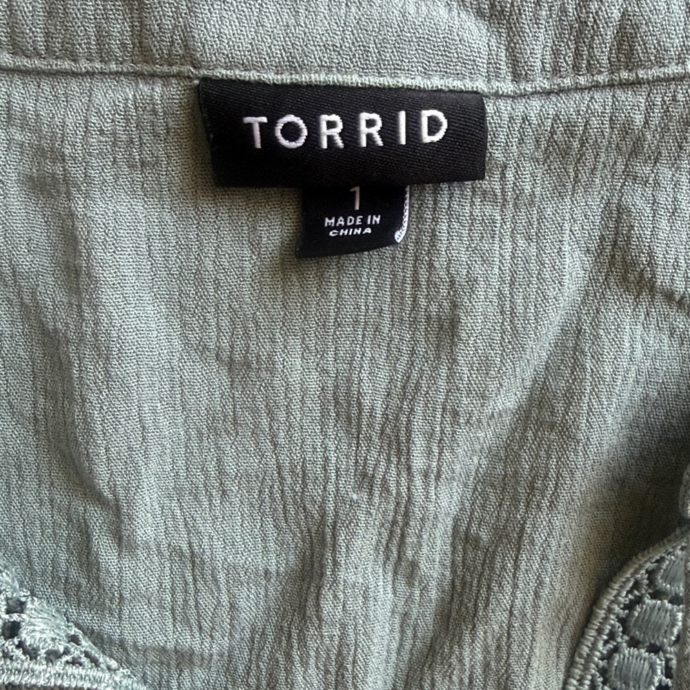 torrid sage green embroidered peasant blouse with tassel - Picture 2 of 4